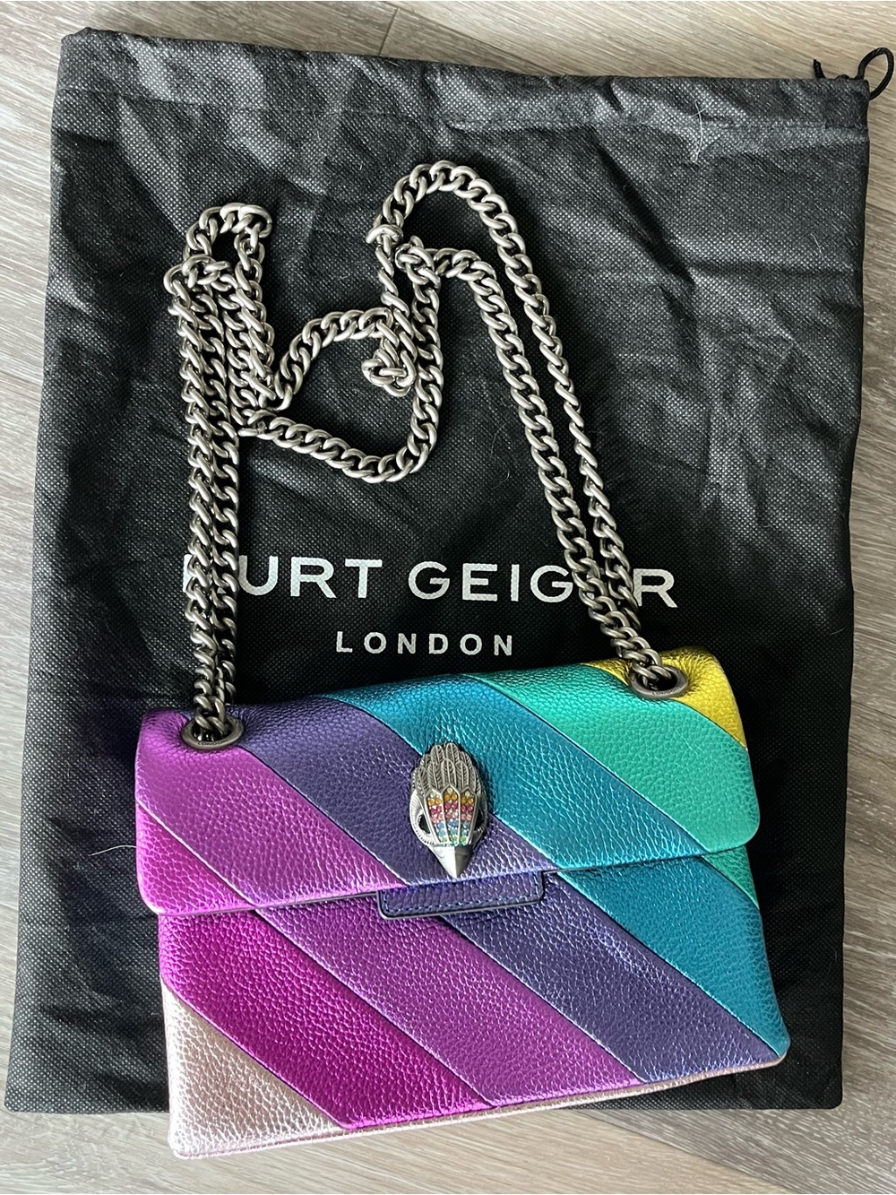 New Kurt Geiger Mini Kensington Rainbow Leather Crossbody Bag with Chain Strap